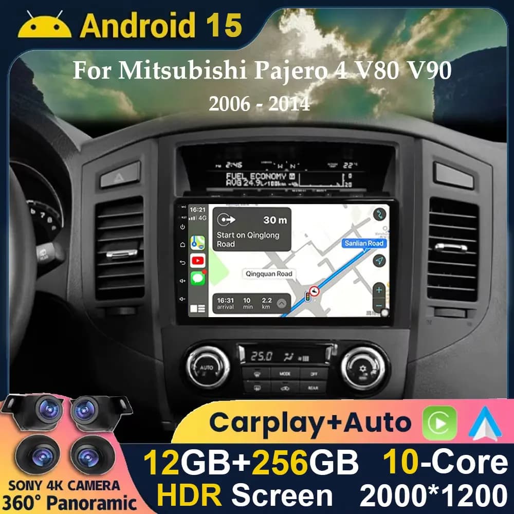 Android 15 Car Radio Carplay Android Auto For Mitsubishi Pajero 4 V80 V90 2006-2014 Multimedia Player GPS Stereo Audio Head Unit