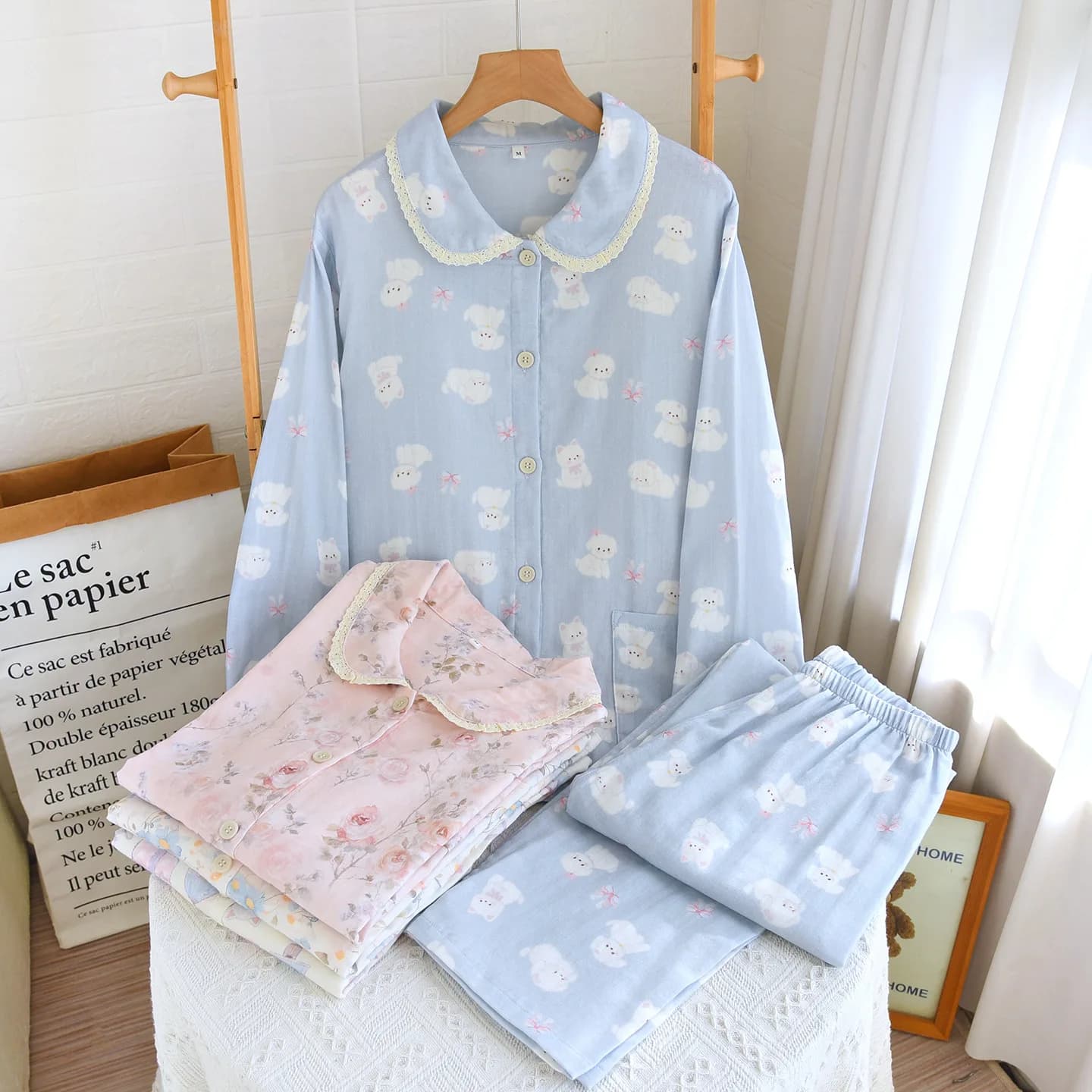 Cartoon Printed Women's Cardigan Cotton Long Sleeved Pants Home Wear Soft and Breathable 2 Pcs Pajamas for Women