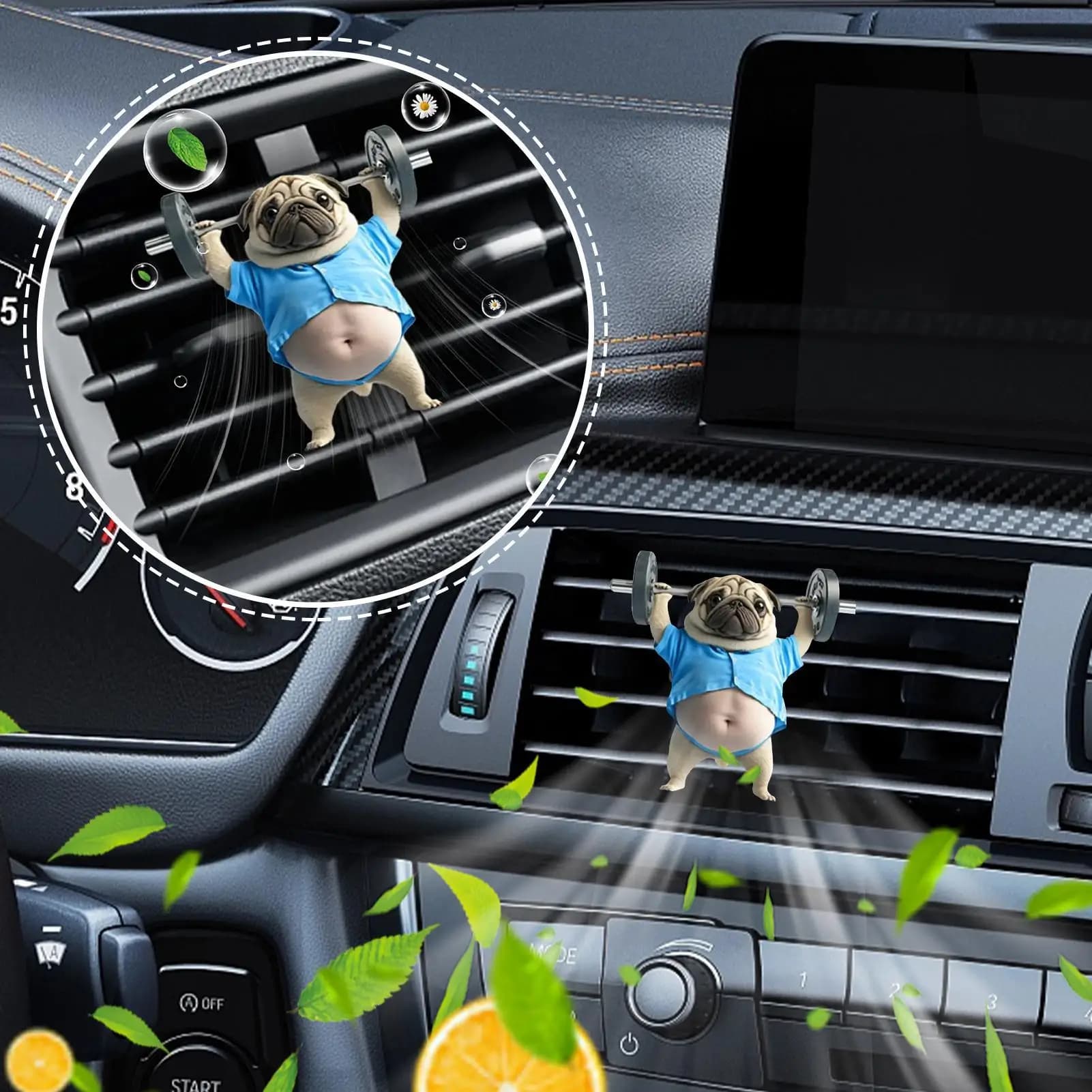 Simpatico cartone animato cucciolo di sollevamento pesi auto aromaterapia acrilico 2D aria condizionata clip di sfiato modello oceano solido diffusore interno auto