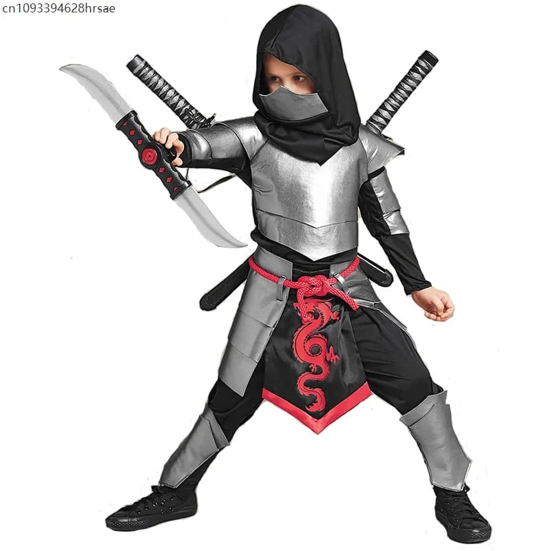 2025 Nuovo Arrivo Bambino Drago Ninja Halloween Cosplay Argento Ninja Costume Per Ragazzi