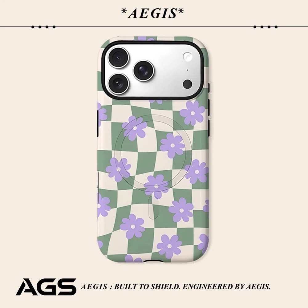 Custodia Protettiva Aegis con Bumper per MagSafe Magnetico per iPhone 17 16 15 14 Plus 13 Pro Max, Cover Rigida in PC con Motivo Lavanda Checker Daisy