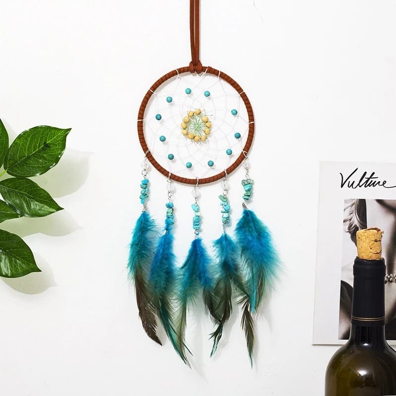 Blue Feathers Dream Catcher Handmade Wind Chimes Car Hangings Bedroom Garden Decorations Wall Pendants For Girls Birthday Gifts