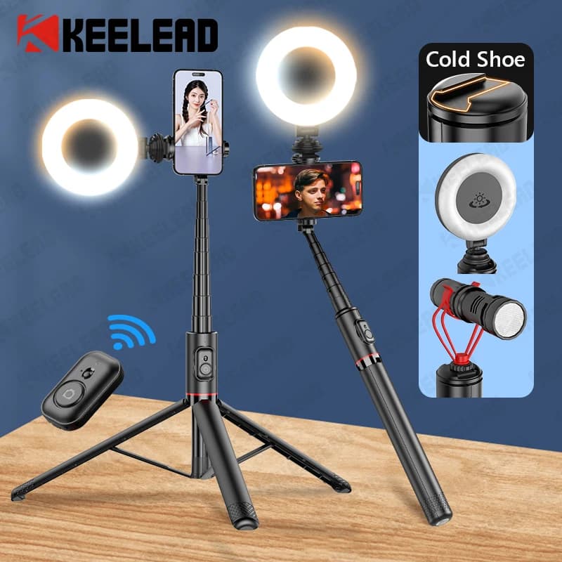 Selfie Stick portatile con telecomando Bluetooth, luce ad anello per pattino freddo, treppiede da 72 pollici per smartphone, staffa per cellulare
