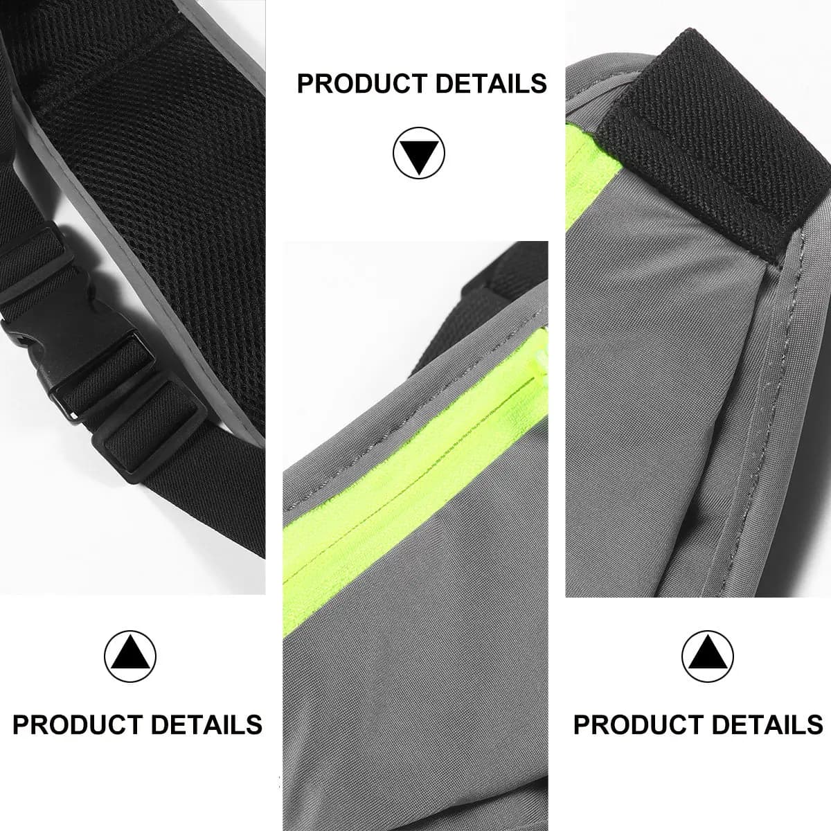 Running waterproof sports bag with 3 compartments, dark grey, breathable, fast drying, with reflective strip