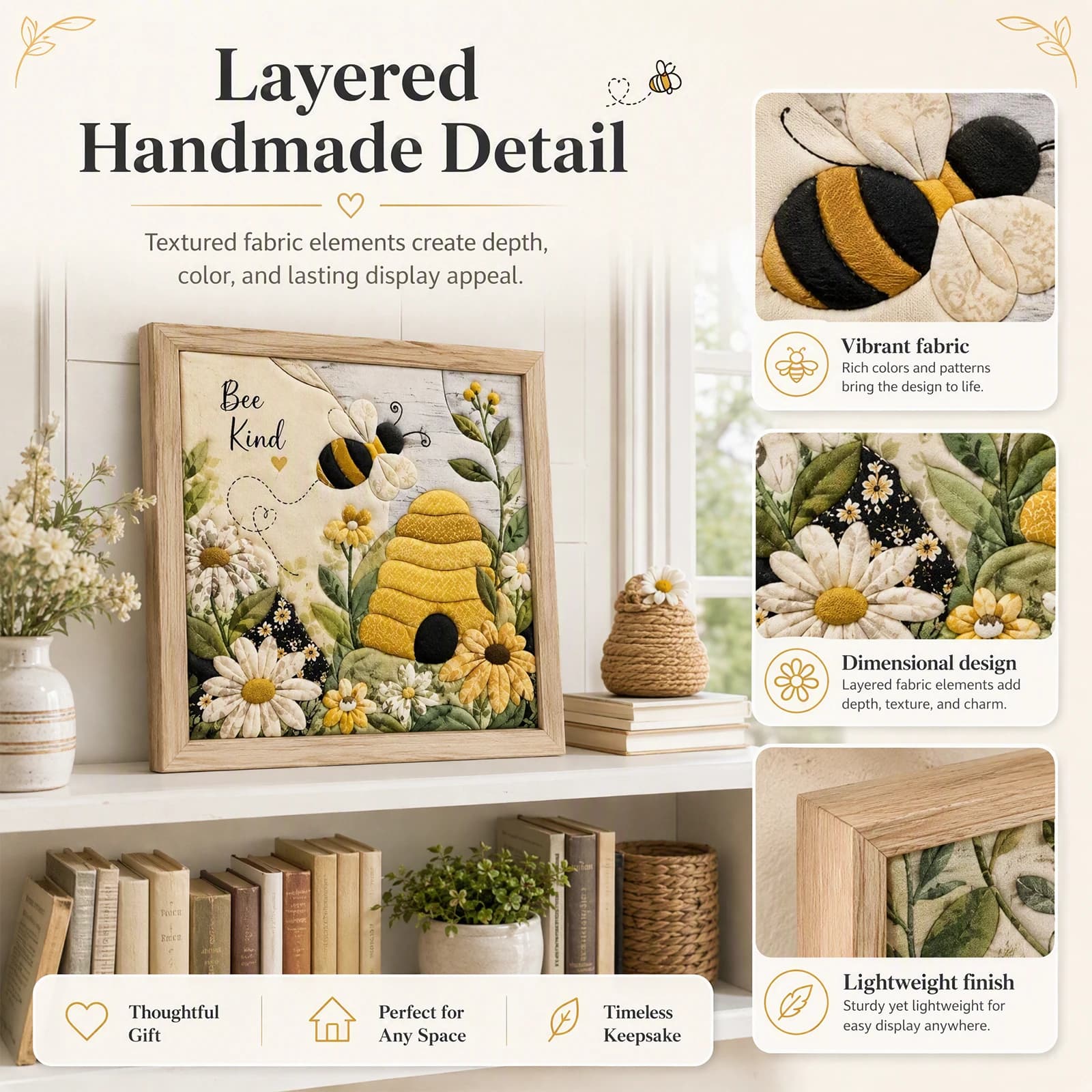 DIY Bee Honeycomb Wall Art Punch Needle Embroidery Kit Sunflower Daisy 3D Texture Rustic Decor Wood Frame Beginner Set