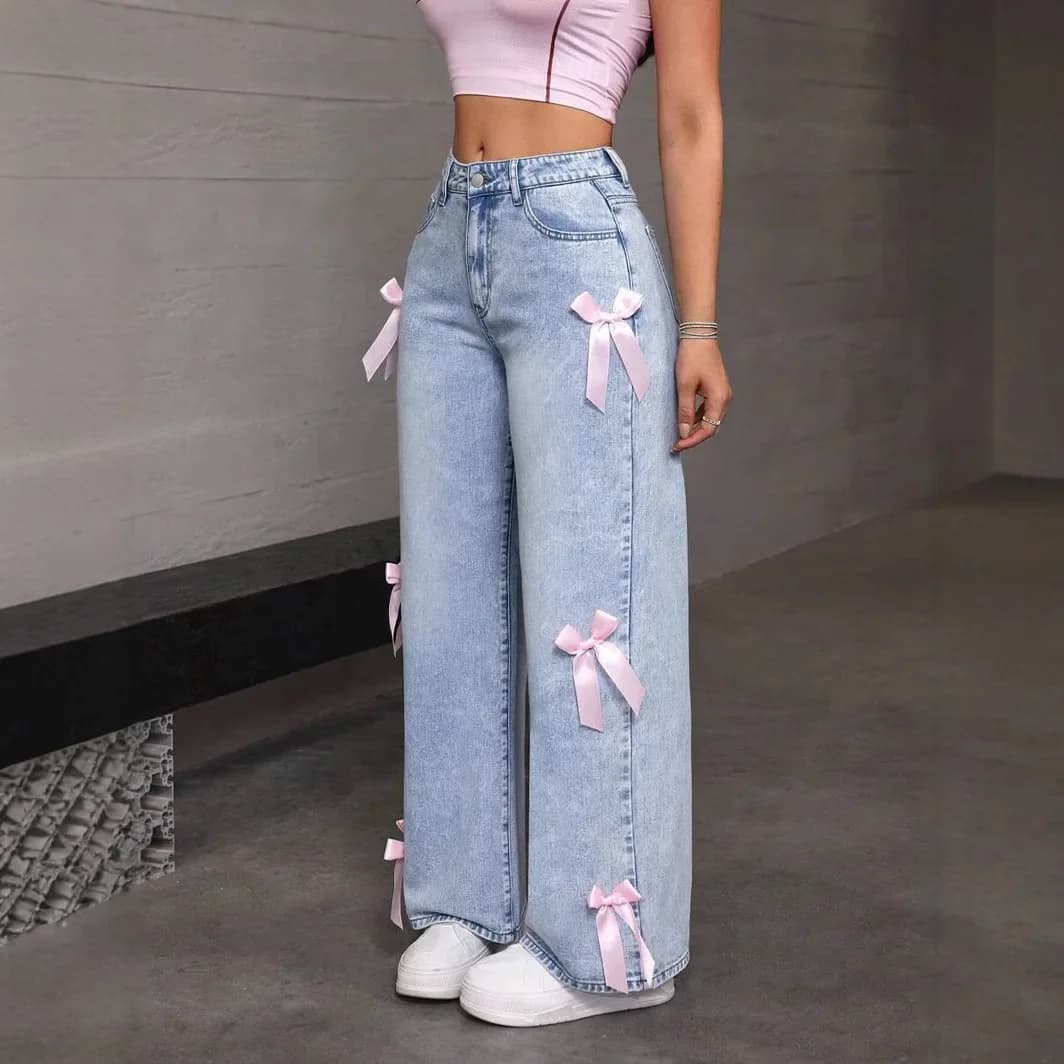 Jeans da donna Pantaloni a gamba larga con fiocco lavato a vita alta 2025 Streetwear Denims Pantaloni vintage dritti alla caviglia effetto consumato