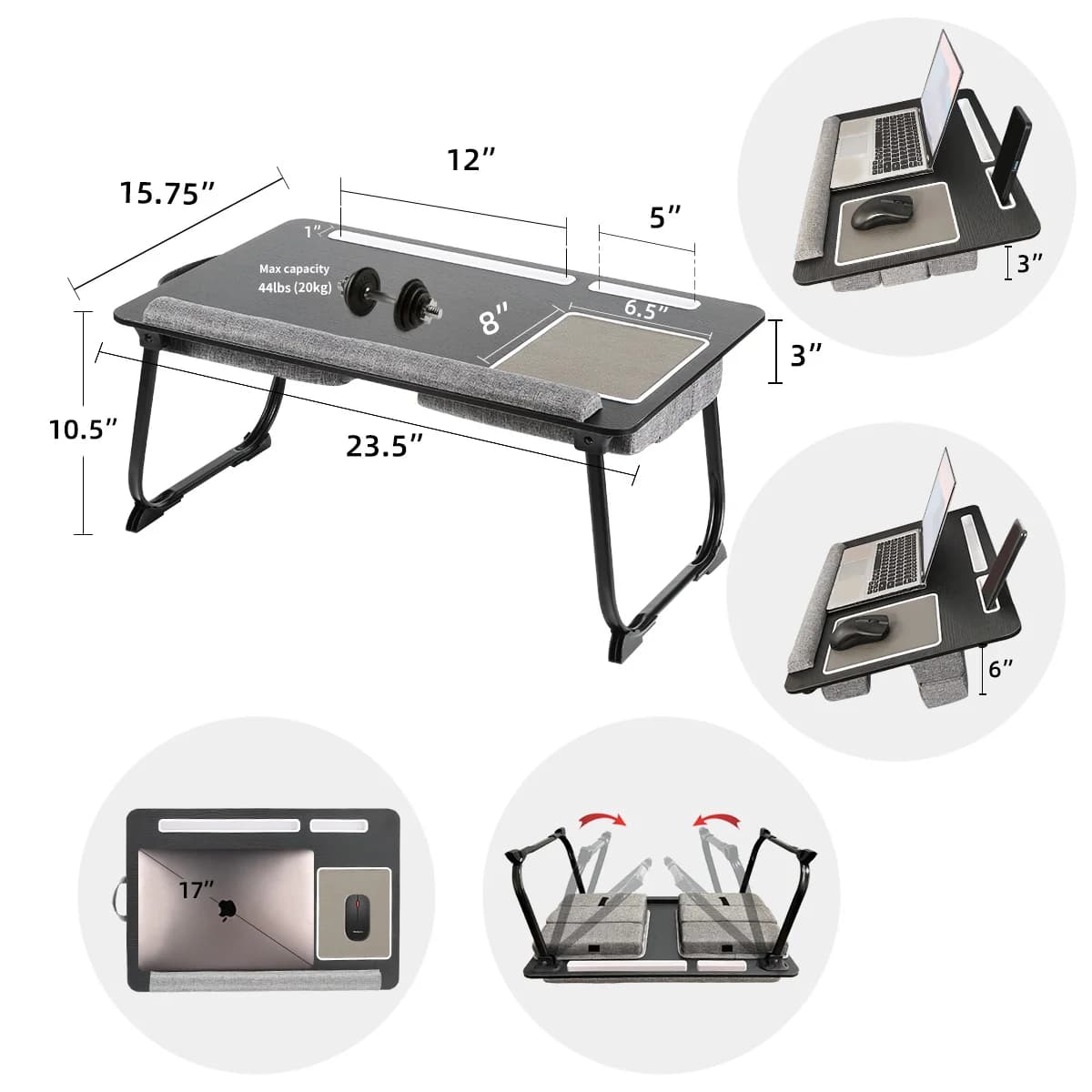 Tavolo da letto portatile personalizzabile per pieghevole con cuscino pieghevole, maniglia, fessura e tappetino per mouse, scrivania da gioco in legno