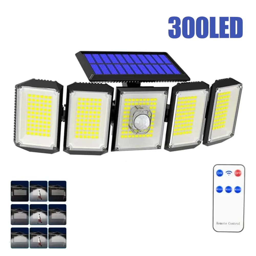 Luci di sicurezza solari Sensore di movimento Luce di inondazione esterna 300LED IP65 Impermeabile ad energia solare 3 modalità per lampada da parete da giardino