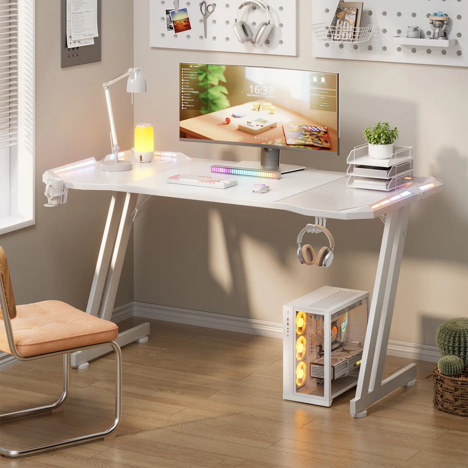 NEBMAAX White Gaming Desk RGB LED Lights Sturdy Z-Frame Workstation with Cup Holder And Headphone Hook for Home Office Gamers