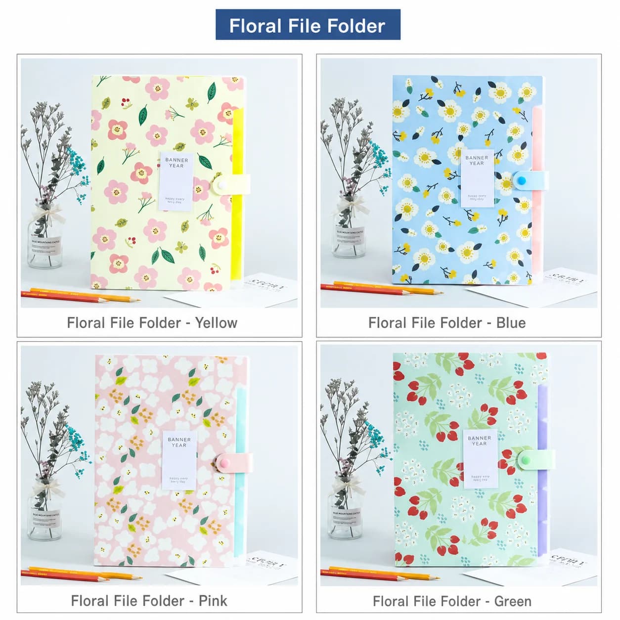 Pp Plastic Document Holder Student Aesthetic Flower Organ Bag Press Stud Expanding File Folder Desk Paper Storage Pouch