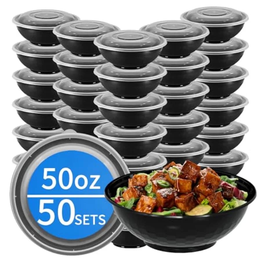 Contenitori per la preparazione dei pasti, 50 set da 50oz, 100 ciotole in plastica con coperchi per zuppe e insalate, contenitori monouso per alimenti da asporto.