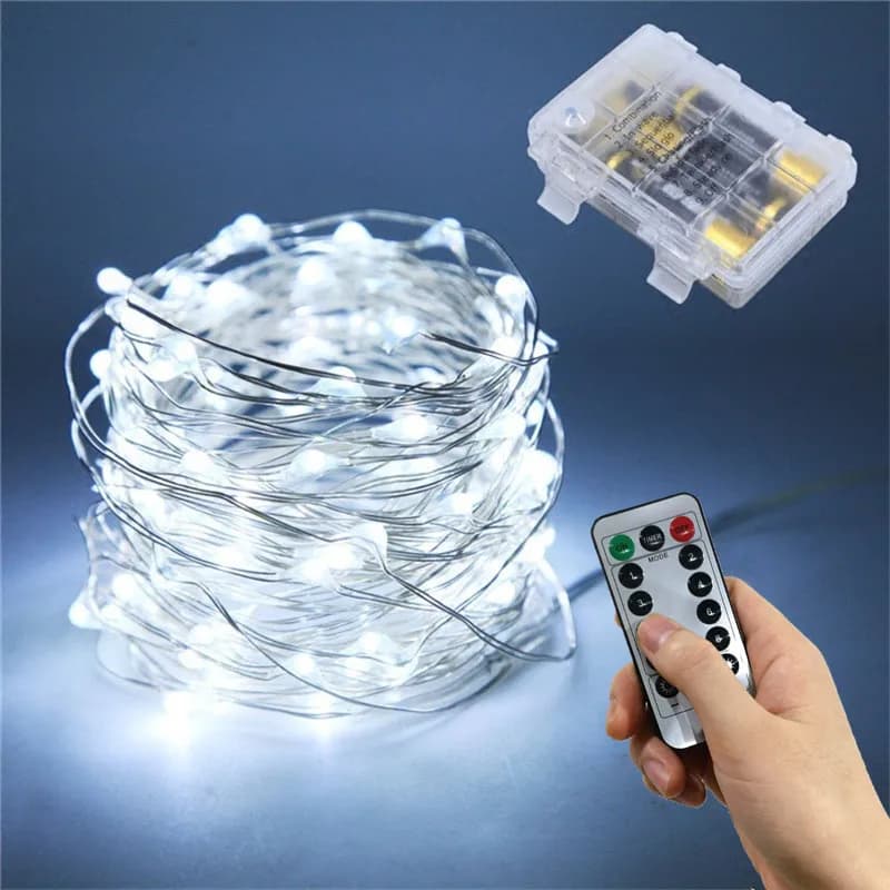 Luci LED a Filo 2/5/10/20M con Telecomando, 8 Modalità, Batteria, Filo in Rame/Argento, Luci Decorative per Matrimoni, Feste, Casa