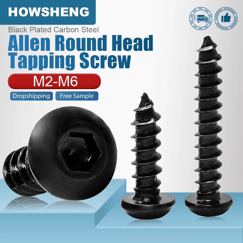 HOWSHENG Vite autofilettante a testa tonda con bottone a esagono incassato M2 M2.5 M3 M4 M5 M6 Grado 8.8 Vite a testa a brugola placcata nera per legno