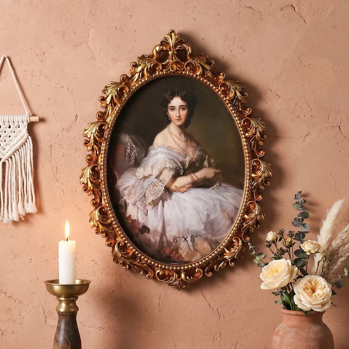 1 pezzo, cornice decorativa ovale con motivo tridimensionale dorato in stile europeo, realizzata in resina, come elemento decorativo da parete