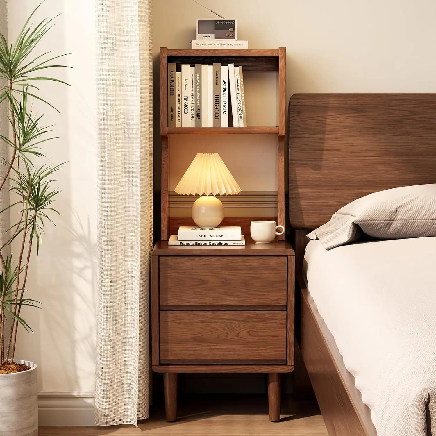 Solid Wood Narrow Bookshelf with Drawers Open Storage Shelving Unit Tall Side Cabinet with Drawer Storage Freestanding Organizer Shelf for Bedroom Living Room Office