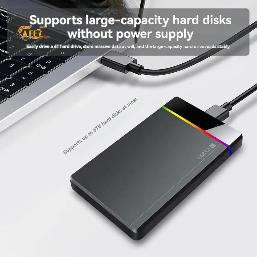 AEE7-2.5 Inch HDD/SSD Type-C RGB Enclosure SATA To USB3.2 Gen1 5Gbps HD External Hard Drive Enclosure Box Tool-Free