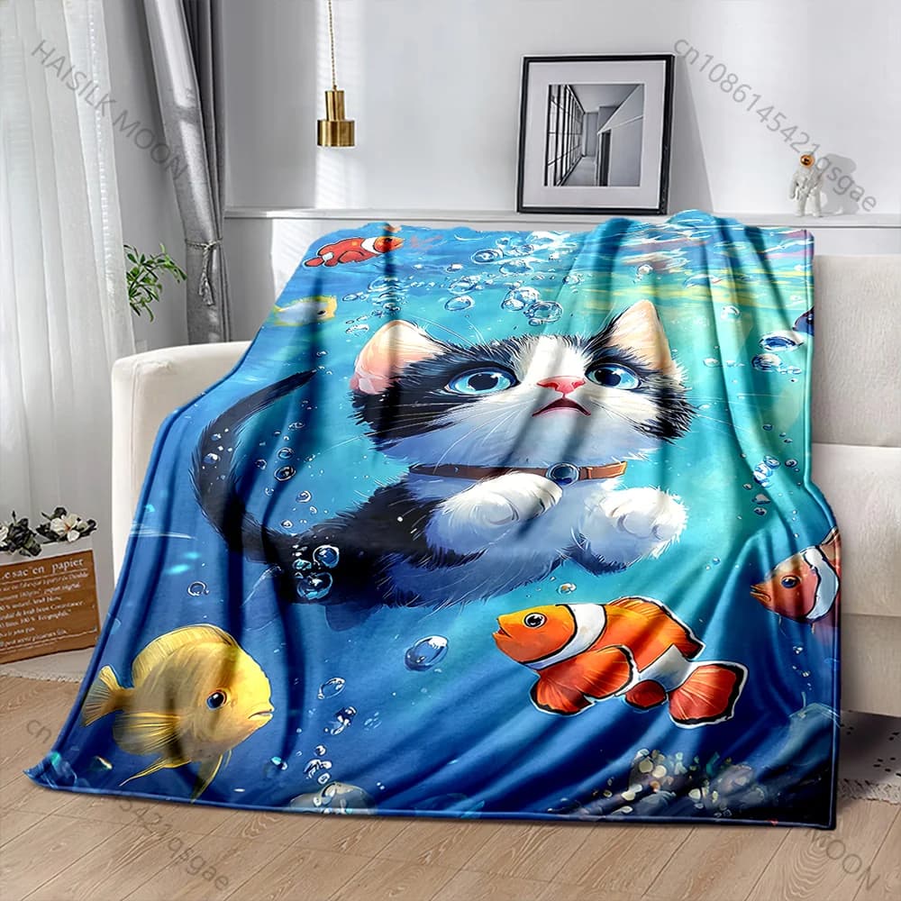1PC Coperta calda con stampa gatto che nuota sott'acqua per adulti e bambini, per casa, viaggi, auto, morbida e confortevole, adatta a tutte le stagioni