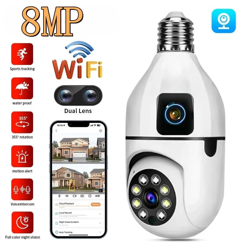 8MP WiFi PTZ Security Camera with Dual Lenten and Screen, Automatic detection AI, Lampadina E27, Smart Life App, 360° Video surveillance