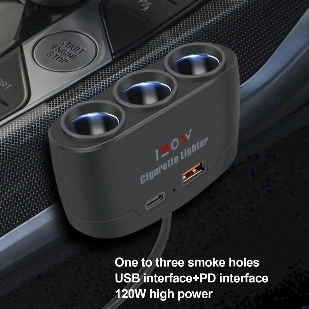 Caricabatterie per auto 3 in 1 da 120W con ricarica rapida, adattatore per accendisigari, caricatore rapido per telefono, adattatore di alimentazione per auto, DVR e GPS.