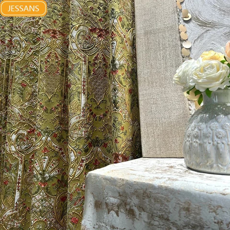 Custom Embossed Gold Jacquard Thickened Blackout Curtains for Living Room Bedroom French Window Balcony Window Villa