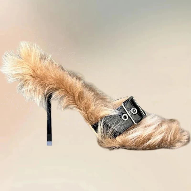 Ciabatte con Cinturino in Pelliccia Marrone e Fibbia Nera, Scarpe da Donna con Tacco Alto Sottile per Feste, Appuntamenti, 2026 Zapatos Para Mujere