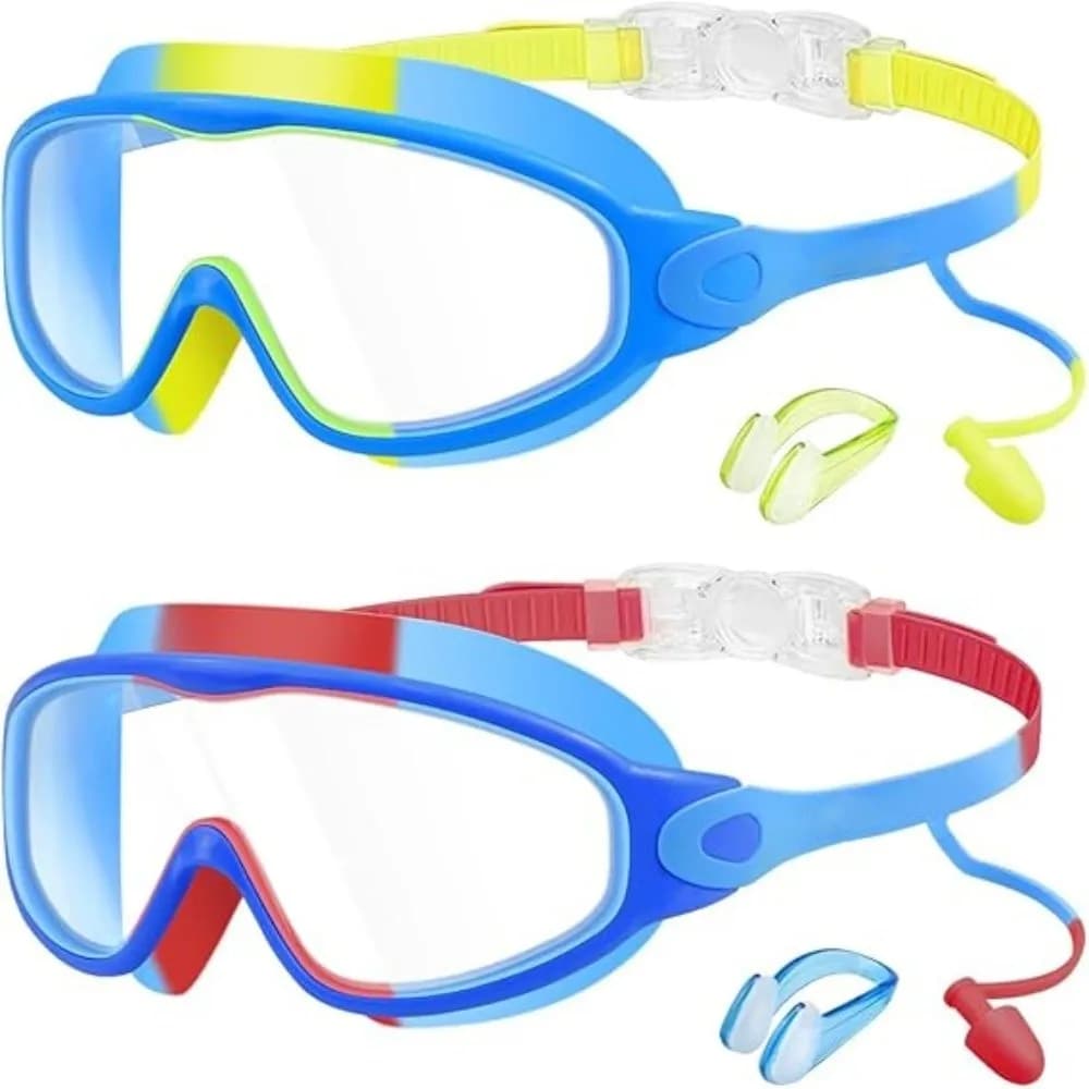 2 Pack Attached Earplugs Swim Goggles Adjustable Comfortable Anti Fog Goggles Mirror Coating Large Frame Waterproof Goggles