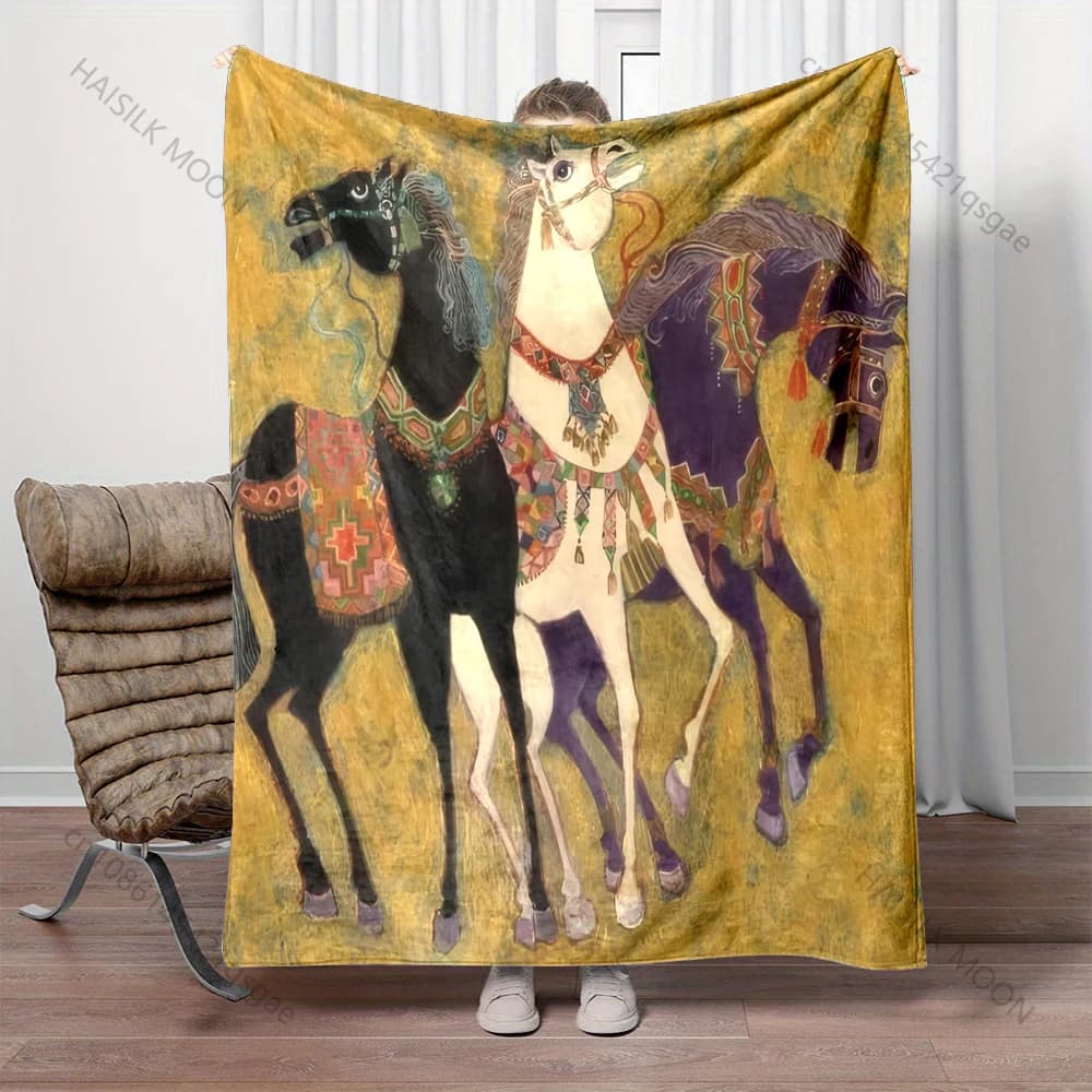 Coperta con stampa a tre cavalli in stile pittura a inchiostro, materiale in flanella, morbido e caldo per tutte le stagioni, campeggio all'aperto, picnic, camper