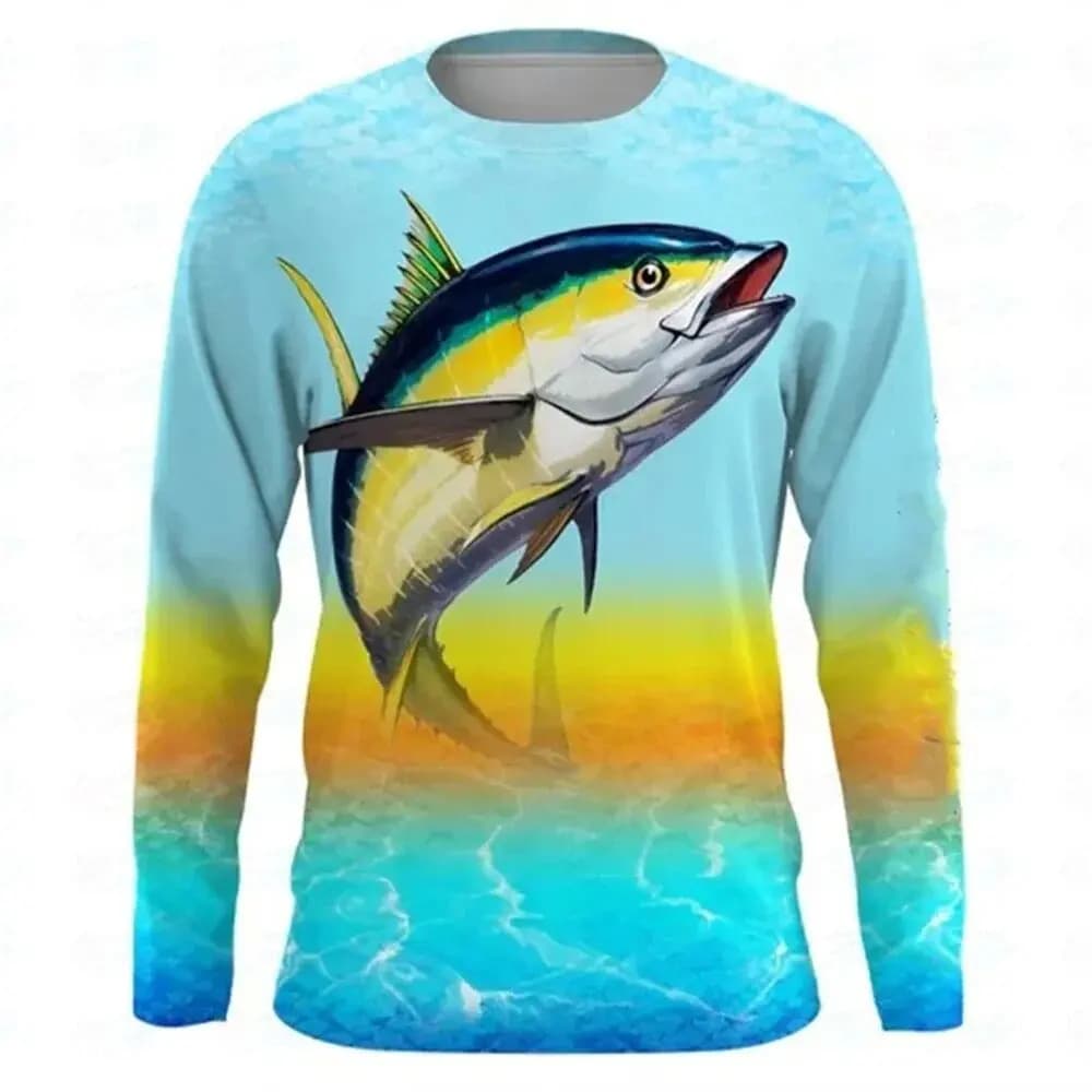Fishing pattern 3D printed men's long sleeve T-shirt round neck outdoor quick-drying casual sports fashion personality top 6XL