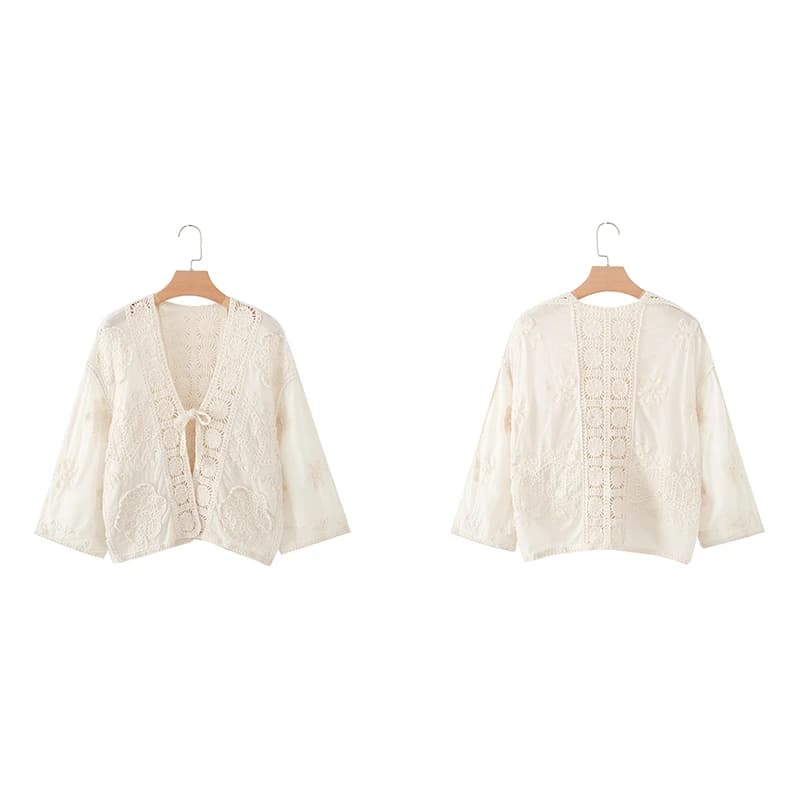 Guobioziy Women's Crochet Cardigan 2026 Spring-Autumn New Collection Off-White with Tie Design Euro-American Casual Fashion
