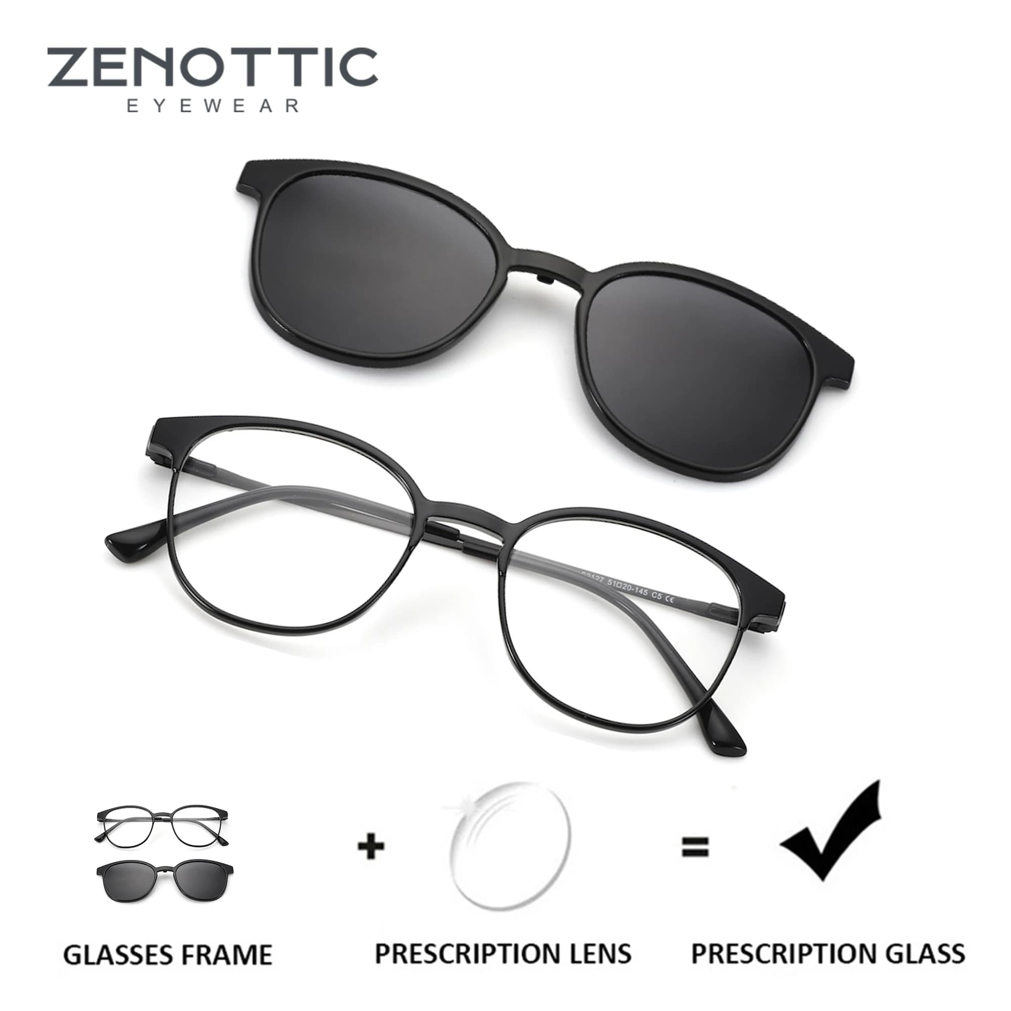 ZENOTTIC（L Size）Magnetic Clip-on Square Prescription Glasses For Men Women Polarized UV400 Protection Optical SunGlasses