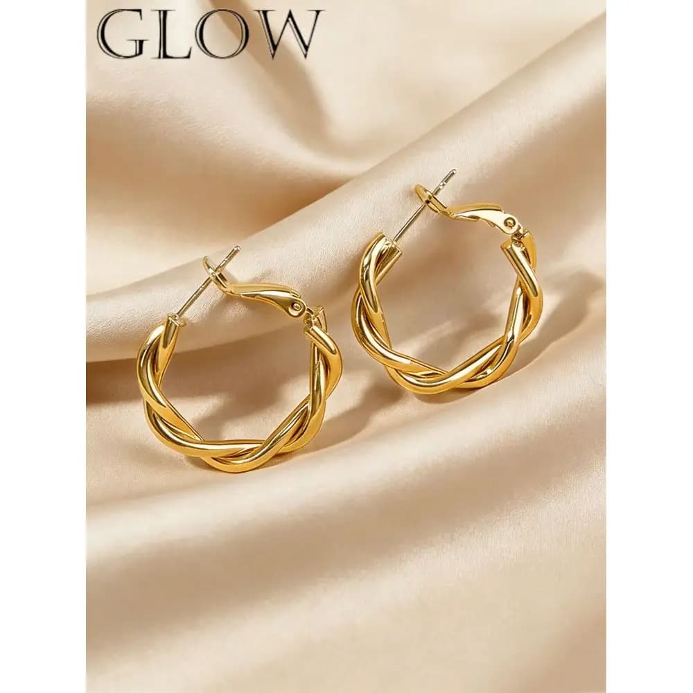 Pair Lightweight Metallic Gold Geometric Braided Stud Earrings, Minimalist Chic Design, Suitable For Young Girl Everyday And Fe