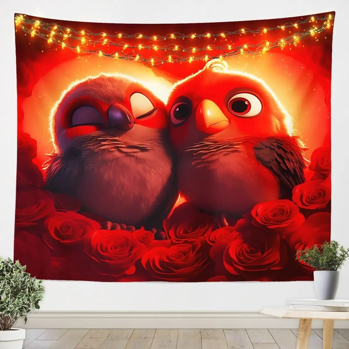 Romantic Love Tapestry Wall Decor Cute Chicks and Red Roses Floral Bird Art Cozy Fairy Lights Home Decoration Gifts