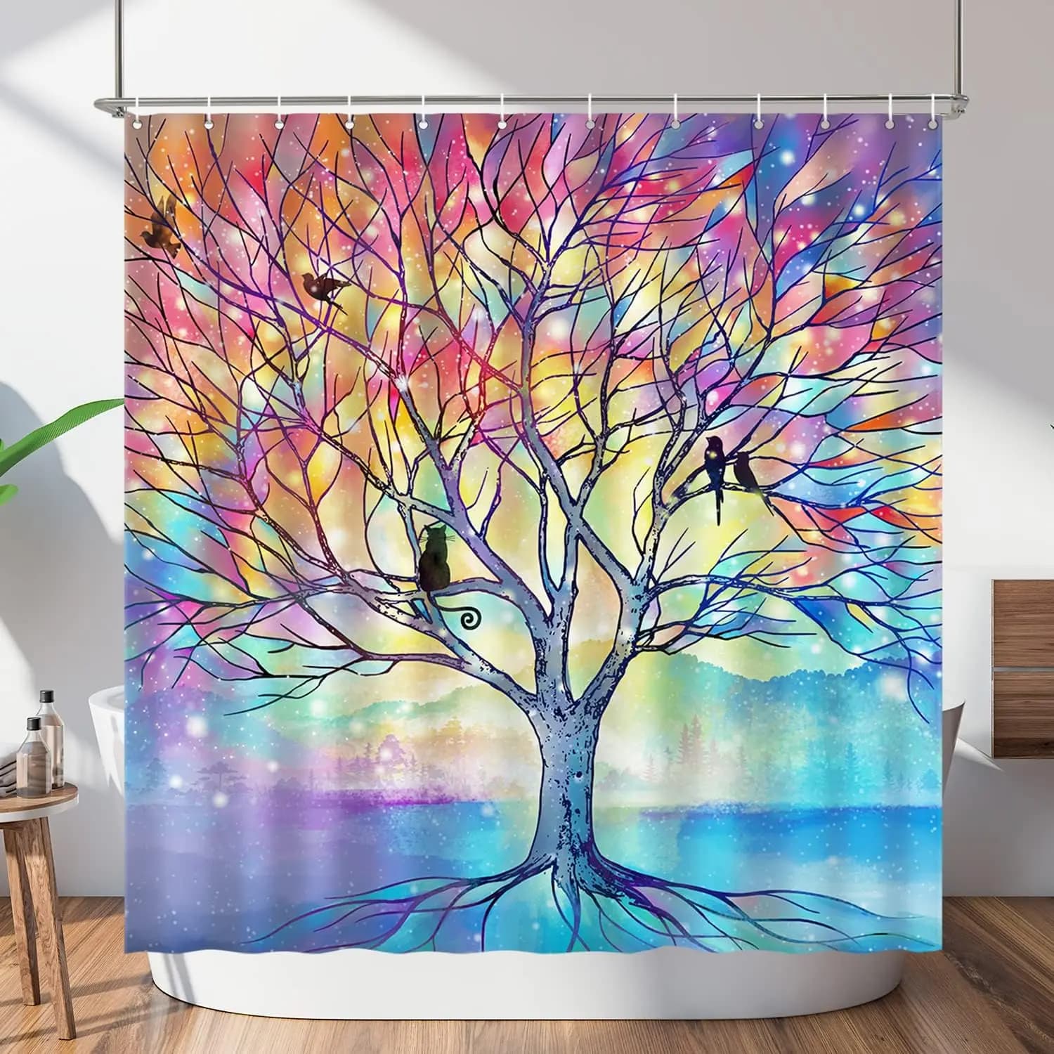 Tenda da doccia colorata con albero della vita con uccelli e gatti, decorazione da bagno in tessuto impermeabile per la casa, design artistico unico, 180x180 cm