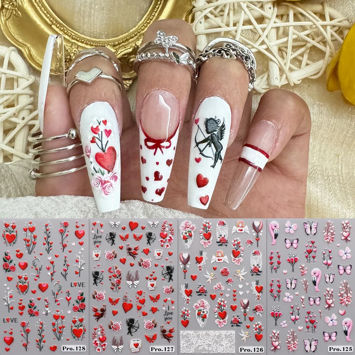 4 pezzi di adesivi per nail art in rilievo francese con amore cartone animato di San Valentino - Facile da applicare per la decorazione delle unghie, adesivi artistici, fai da te, regali,