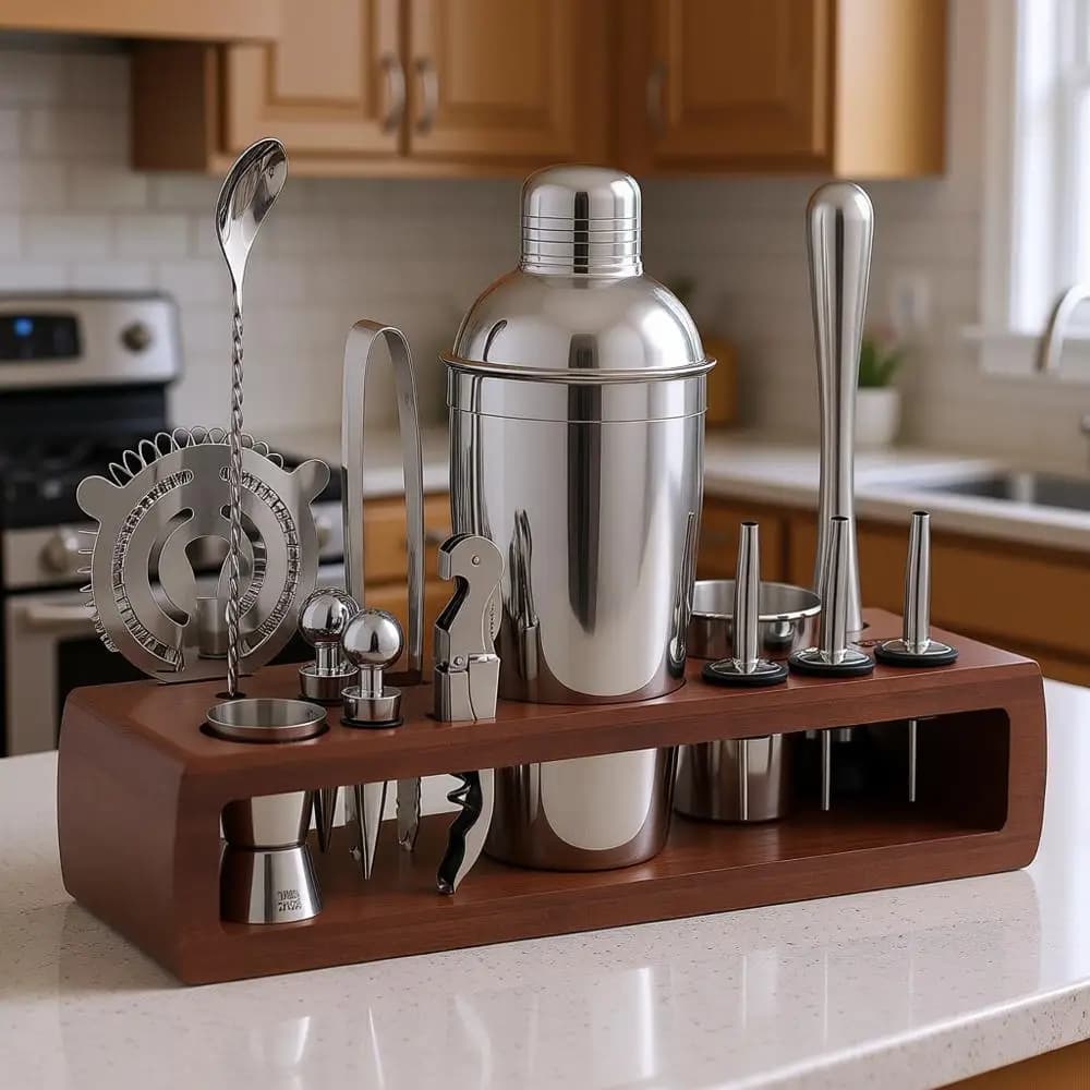Set da Cocktail 21 Pezzi con Supporto, Kit da Barman, Accessori per Bar Domestico: Shaker da 24oz, Jigger, Colino, Cucchiaio da Bar, Pinze, O