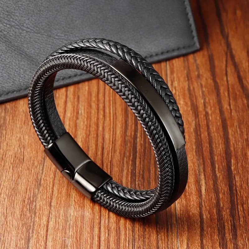 New Arrival Trendy Black Leather Bracelets Men Stainless Steel Multilayer Braided Wrap Bracelets For Friend Lovers Wristbands