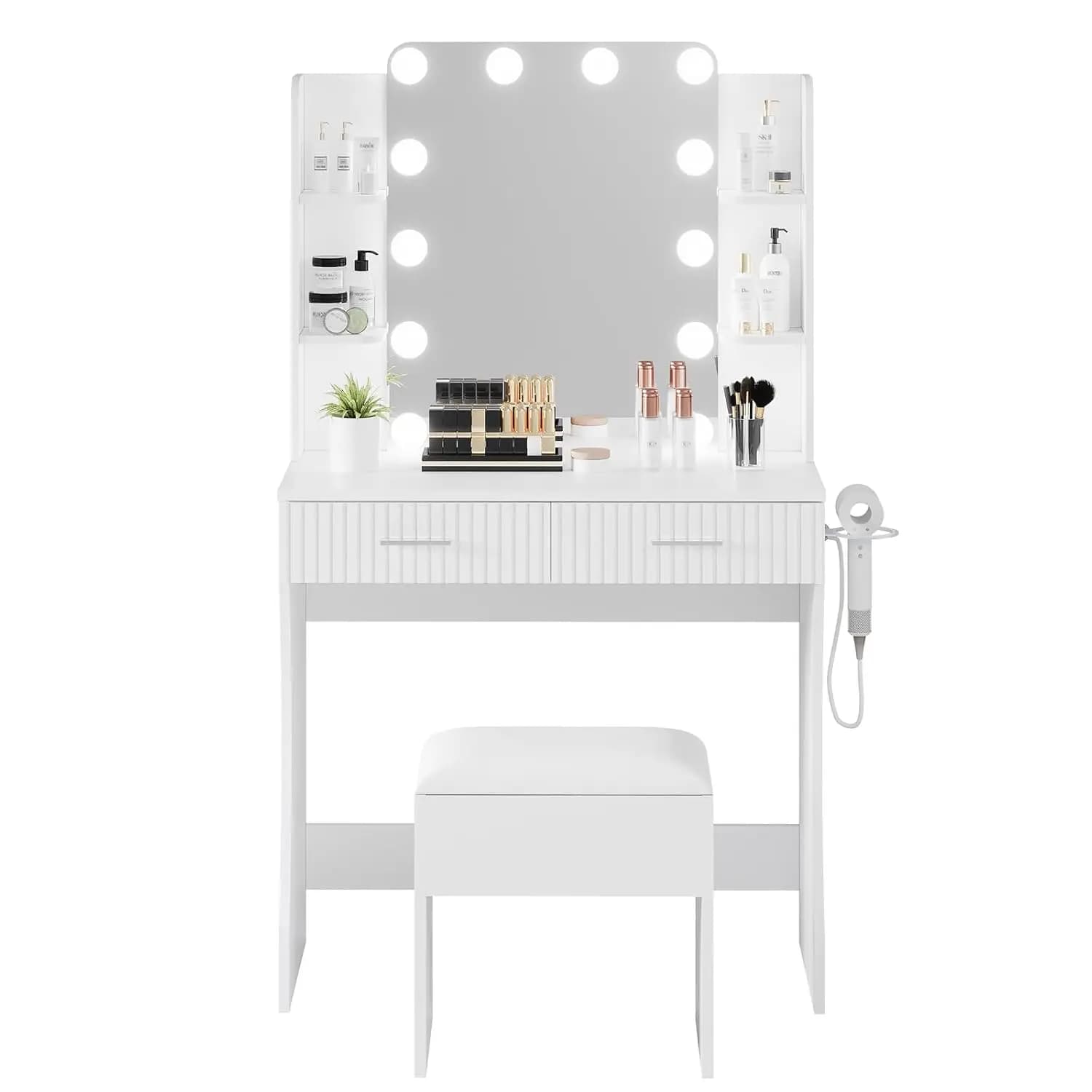 Specchio da Toeletta Bianco con 12 LED, Presa di Corrente, 2 Cassetti, 6 Ripiani, Supporto per Asciugacapelli, Sgabello, Arredamento Camera da Letto Personalizzabile