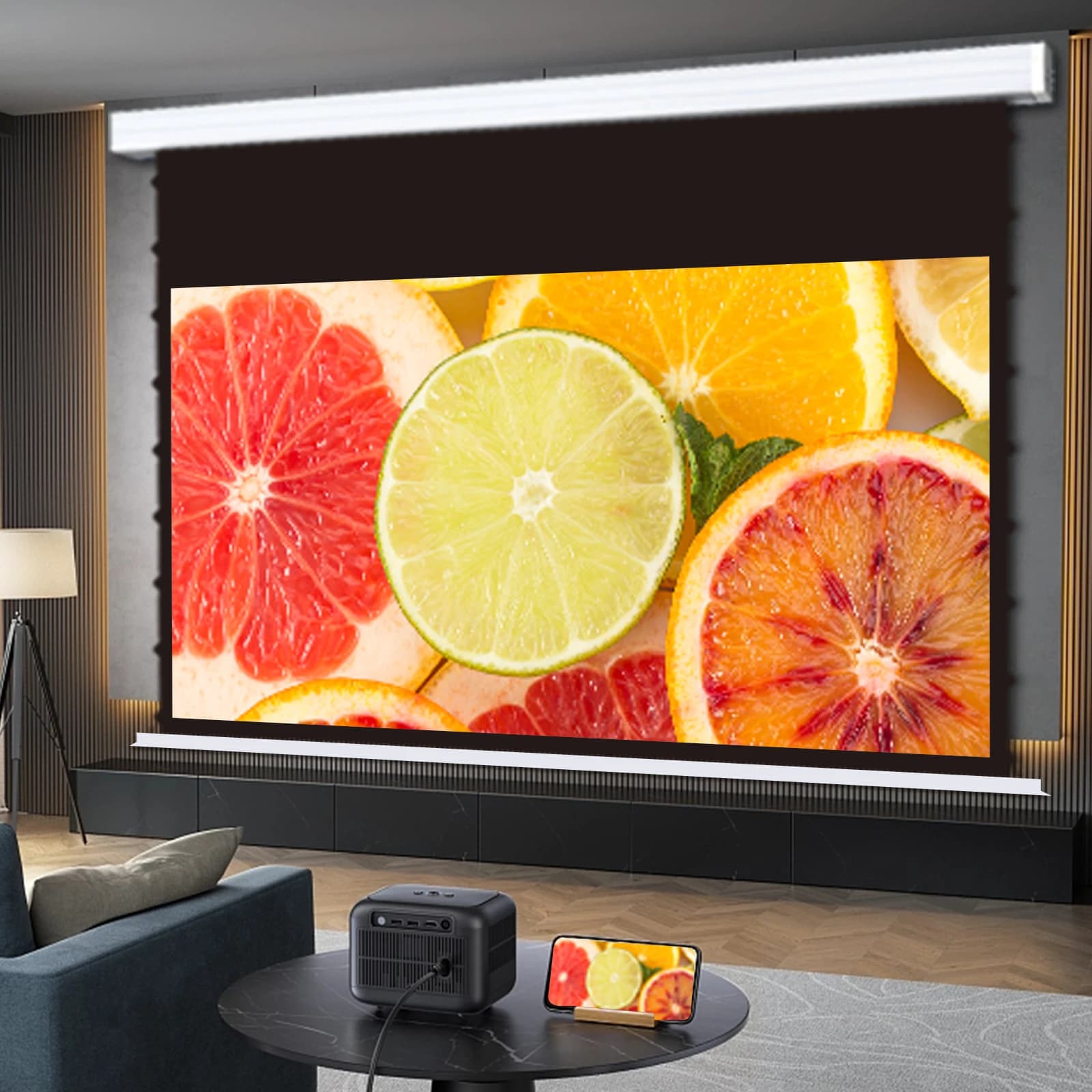 Schermo elettrico da soffitto ALR 4K da 150'' motorizzato con tensionamento a linguetta, schermo per proiettore a scomparsa con rifiuto della luce ambientale per home theater