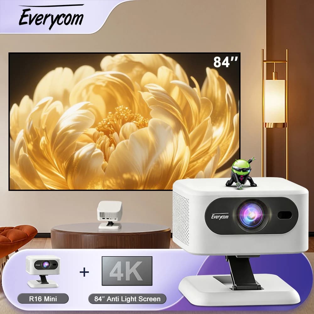 Mini proiettore Everycom R16 + schermo da 84 pollici, edizione Android, sorgente luminosa a LED, 14000 lumen, Home Theater