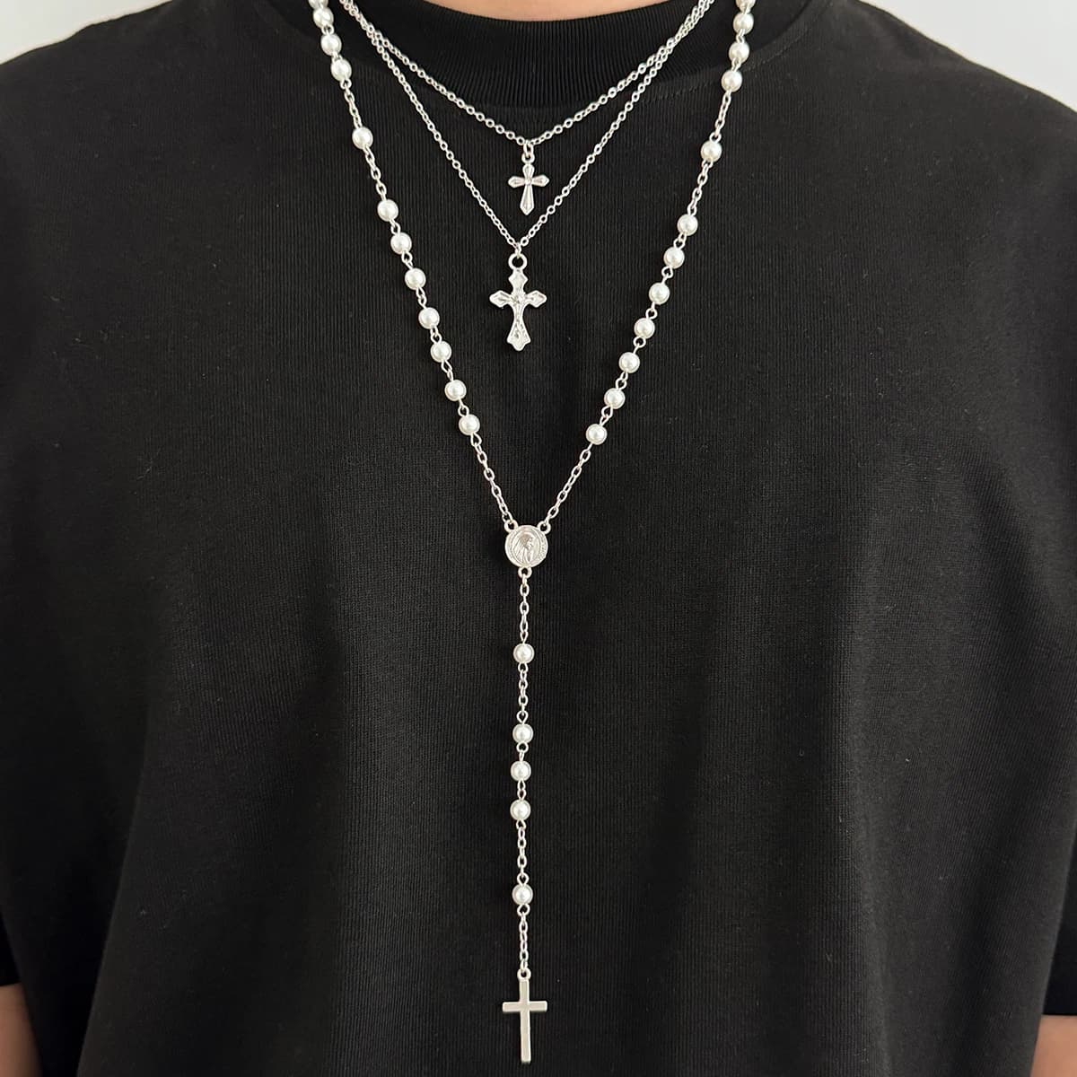 Ingemark Set di 3 Collane con Ciondolo a Croce Vintage per Uomo e Donna, Elegante Catena con Perle Finte, Gioielli da Festa e Regali