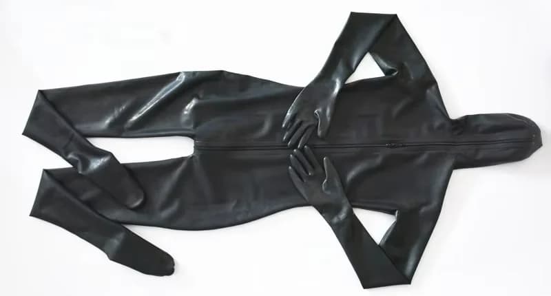 Catsuit in lattice fatto a mano da uomo con copertura completa con cappuccio e calzini attaccati guanti Body in gomma con cerniera sul cavallo posteriore realizzato su misura