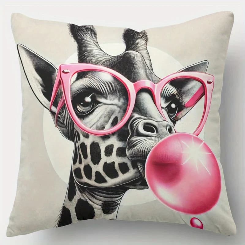 1pc Giraffe Blowing Bubble Gum Printed Throw Pillow Cover, Suitable for Sofa,Bedroom,Living Room, Easily Create a Fun Atmosphere