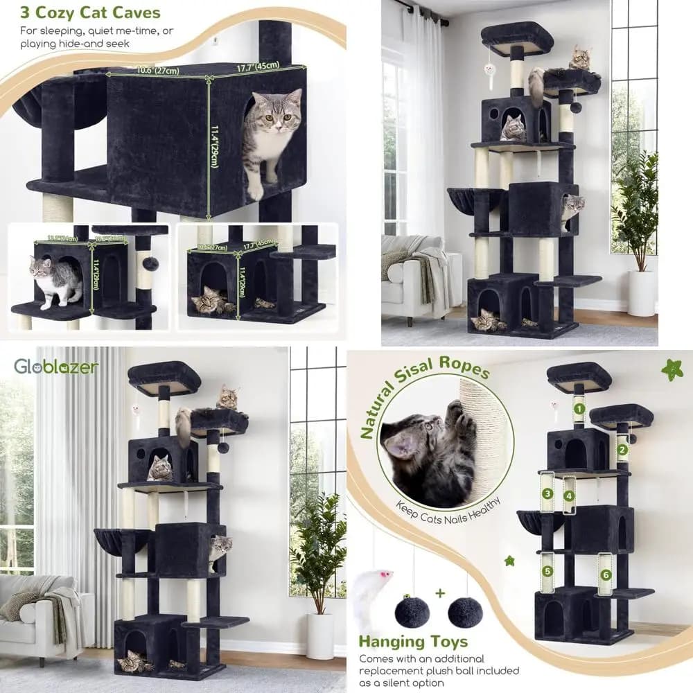 71 albero alto per gatti da interno con 3 livelli, tiragraffi e cestino sospeso in peluche per gatti di grandi dimensioni, grigio scuro