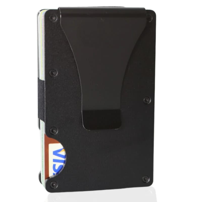 Portafoglio minimalista sottile con blocco RFID da uomo - Portafoglio leggero, resistente e compatto in alluminio con fermasoldi (nero)