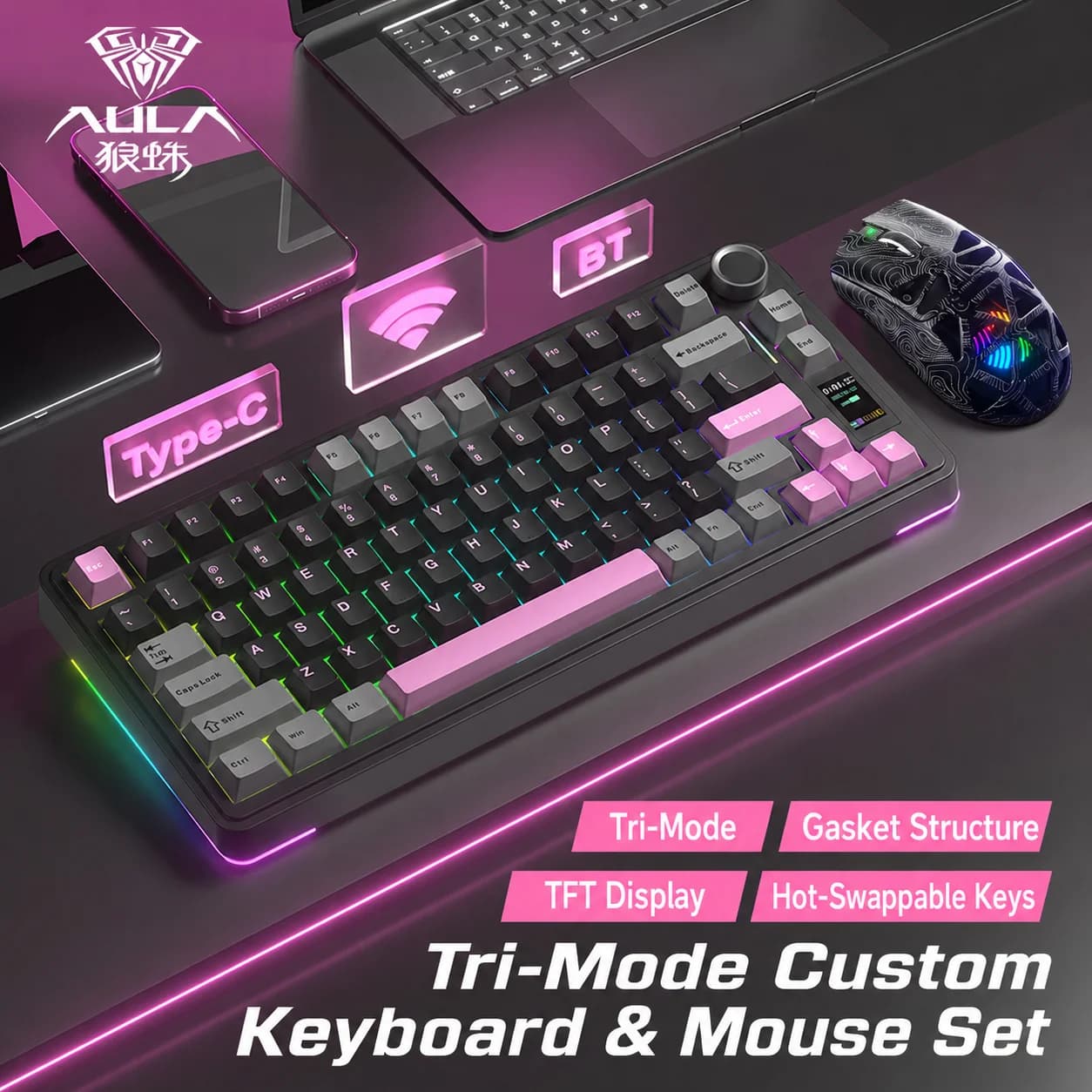 AULA S75 PRO Mechanical Keyboard Combo 75% Custom Layout RGB Backlight Wireless Bluetooth Gaming Keyboard with Screen Knob
