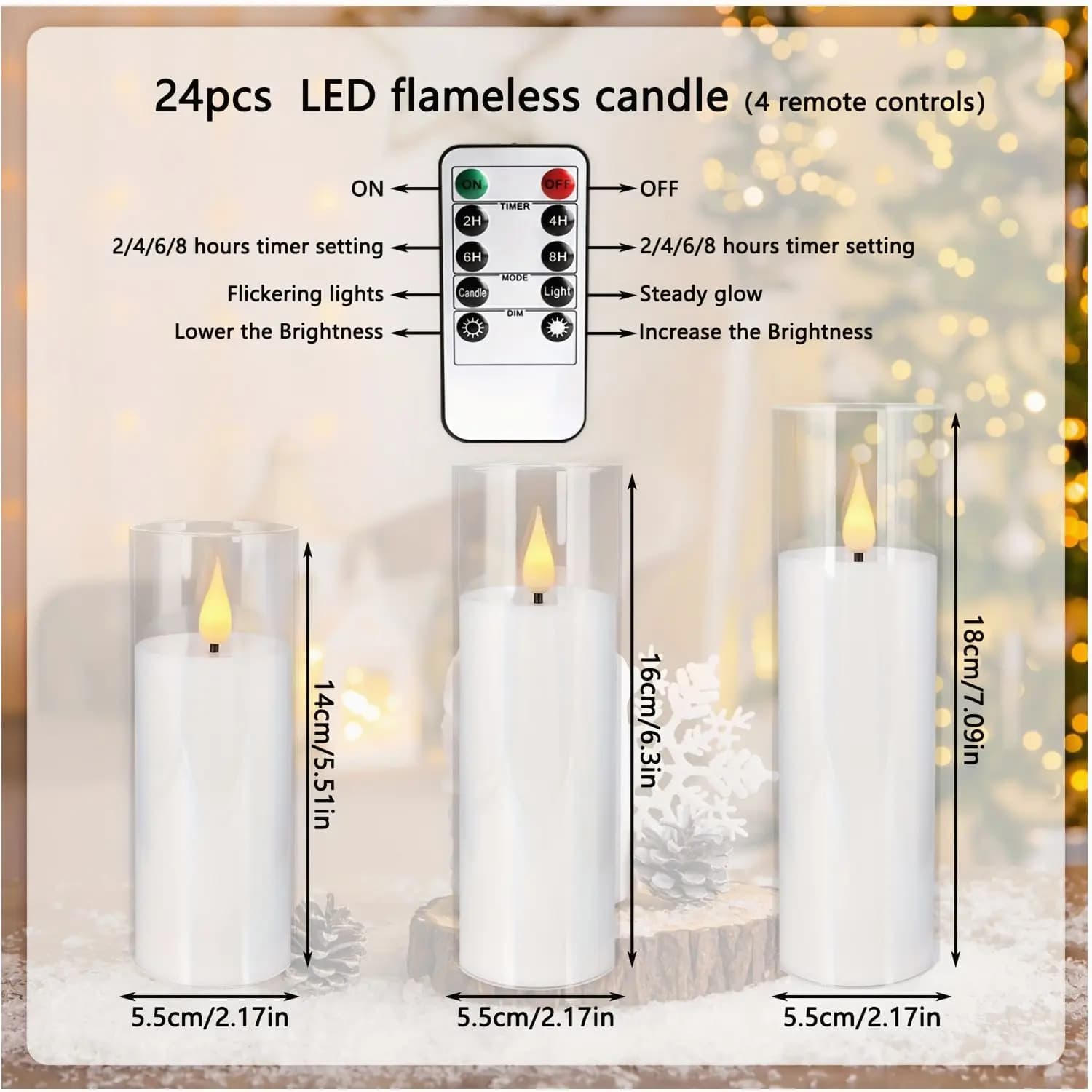 24pcs Acrylic Transparent Flameless LED Candles – White, 3 Sizes (Small/Medium/Large), Remote Control, 1H/2H/4H/6H Timer, Adjust