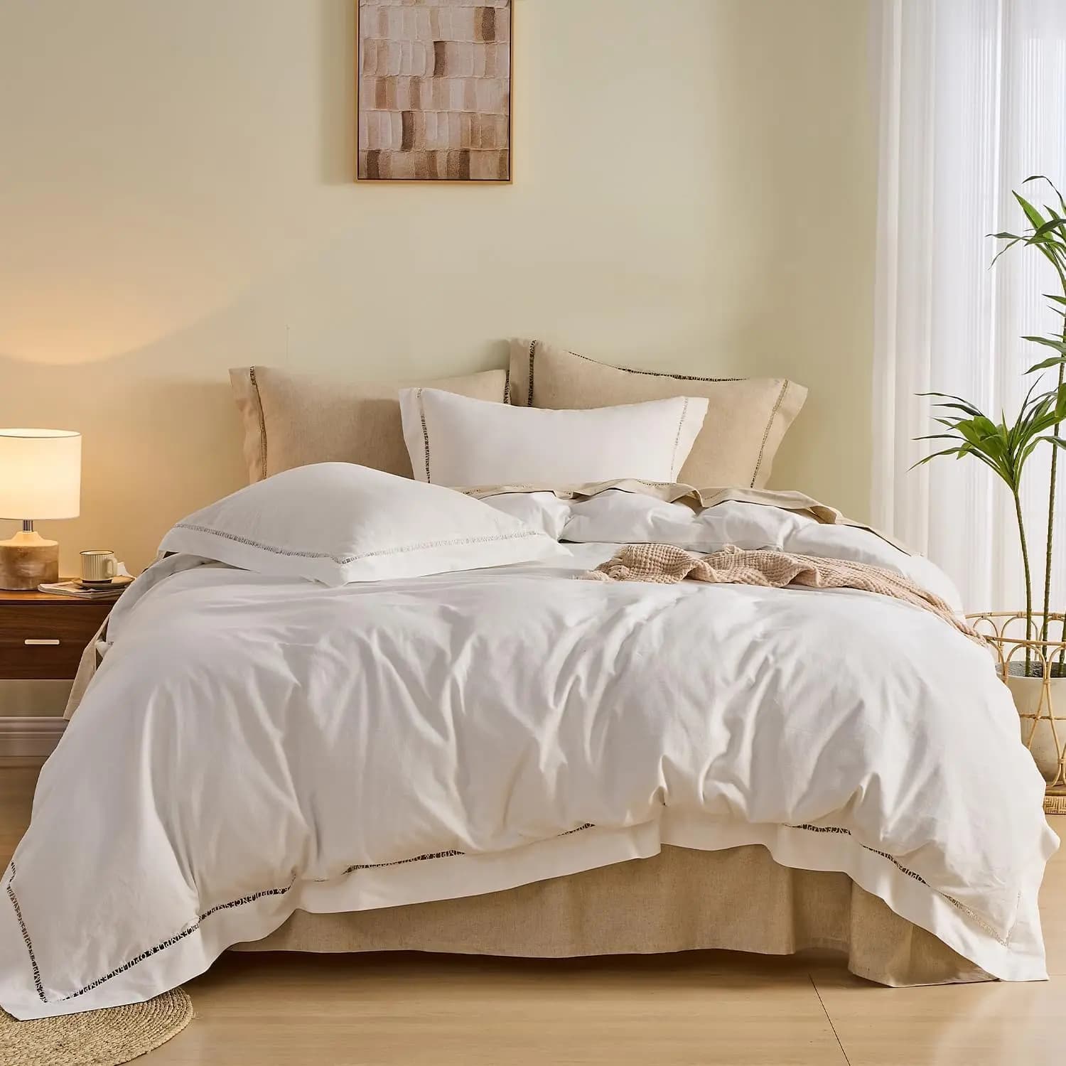 Simple&Opulence Queen Size Linen Cover, 3 piece cotton and natural linen bed linen set with perforated embroidery