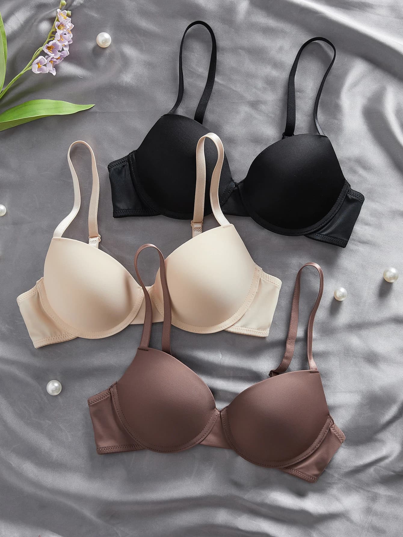 3Pcs/Set Solid Basic Women Bras Smooth Push Up Bra Comfort Underwire Support Daily Casual Lingerie Top