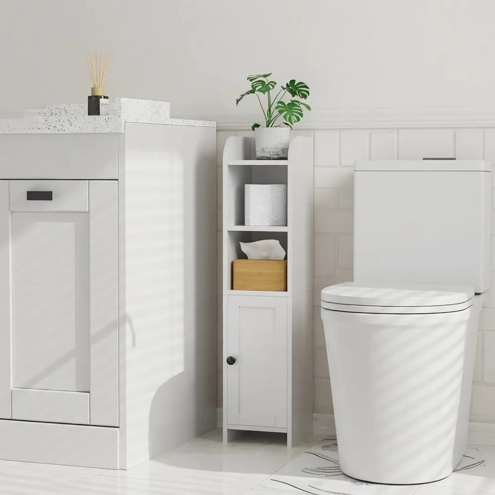 Mobiletto Angolare Sottile per Bagno con Anta e Ripiani, Porta Carta Igienica Stretto, Bianco, 79 cm di Altezza