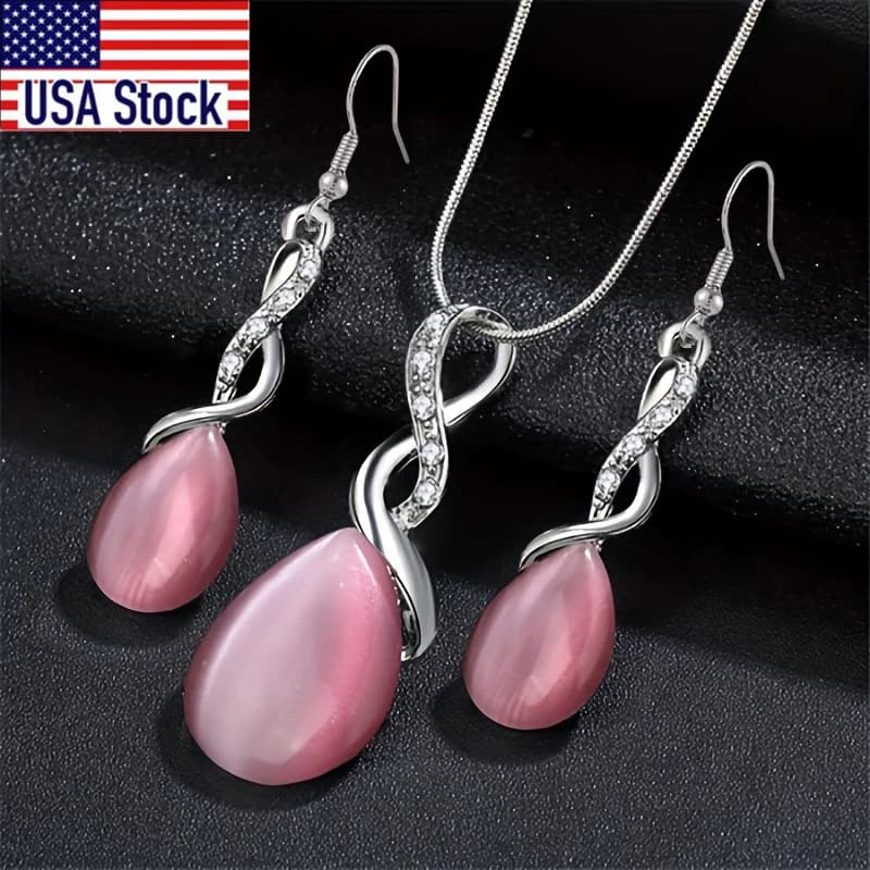 3 pezzi/set orecchini collana elegante set di gioielli in pietra a forma di goccia d'acqua intarsiata